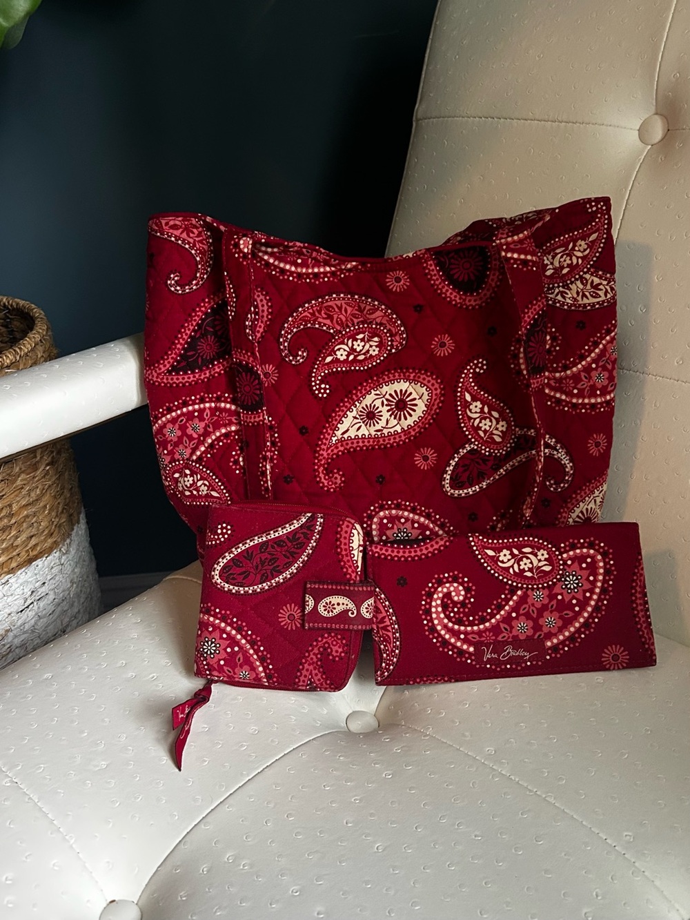 Vintage Vera Bradley set in Mesa Red — small tote, wallet, and checkbook holder